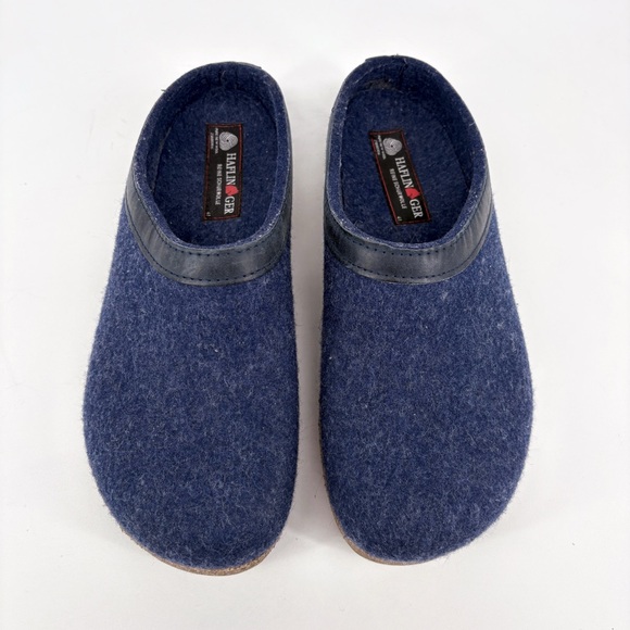 HAFLINGER | Wool Felted Leather Trim Grizzly Clogs in Navy | Sz 10 - Picture 1 of 11
